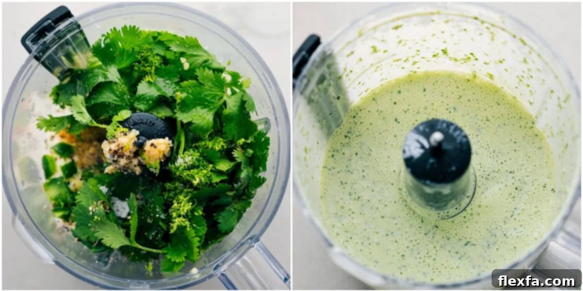 A vibrant green cilantro-lime sauce being blended smooth in a food processor, ready to be drizzled over the beef burrito bowls.