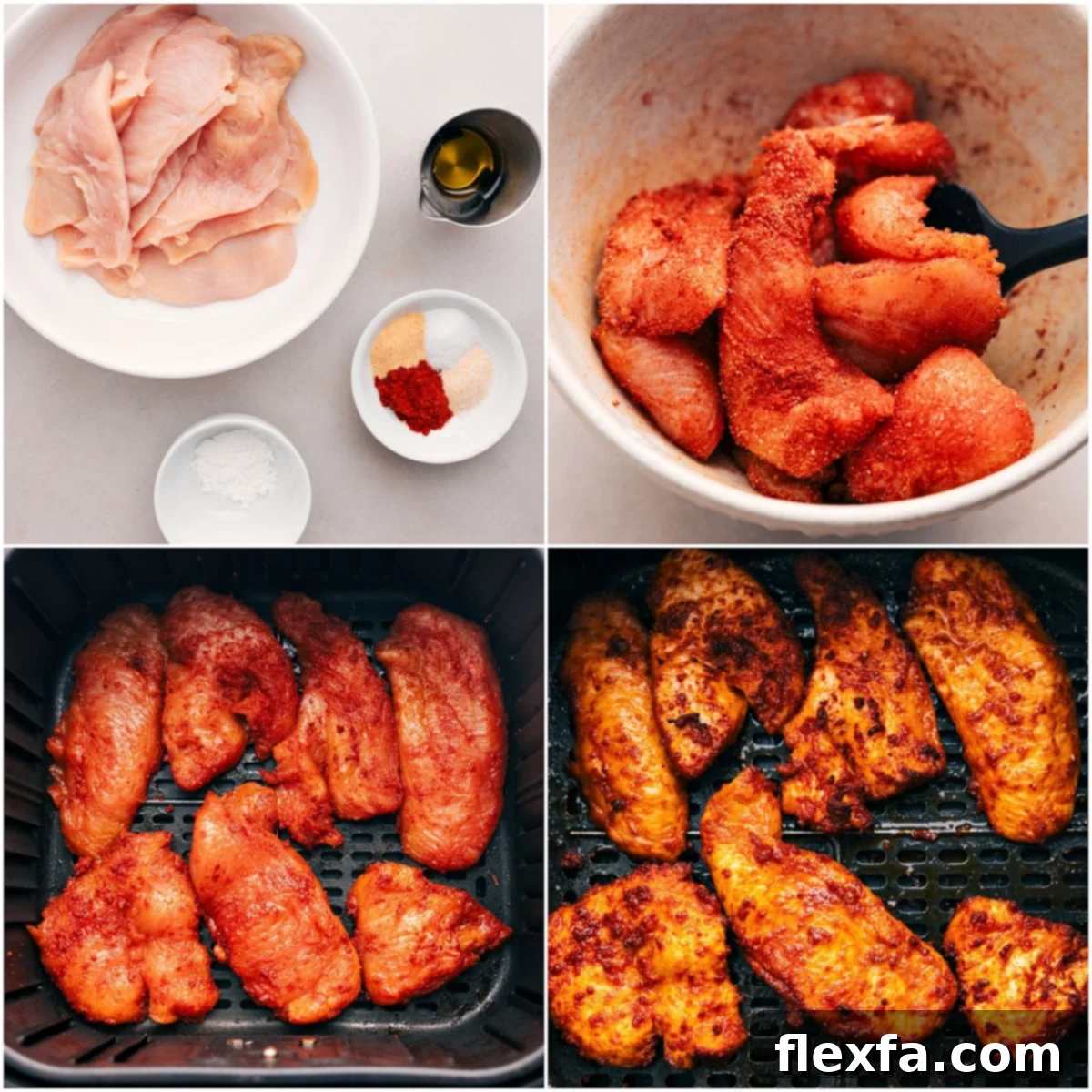 Chicken is prepped, seasoned, and air-fried in the air fryer.
