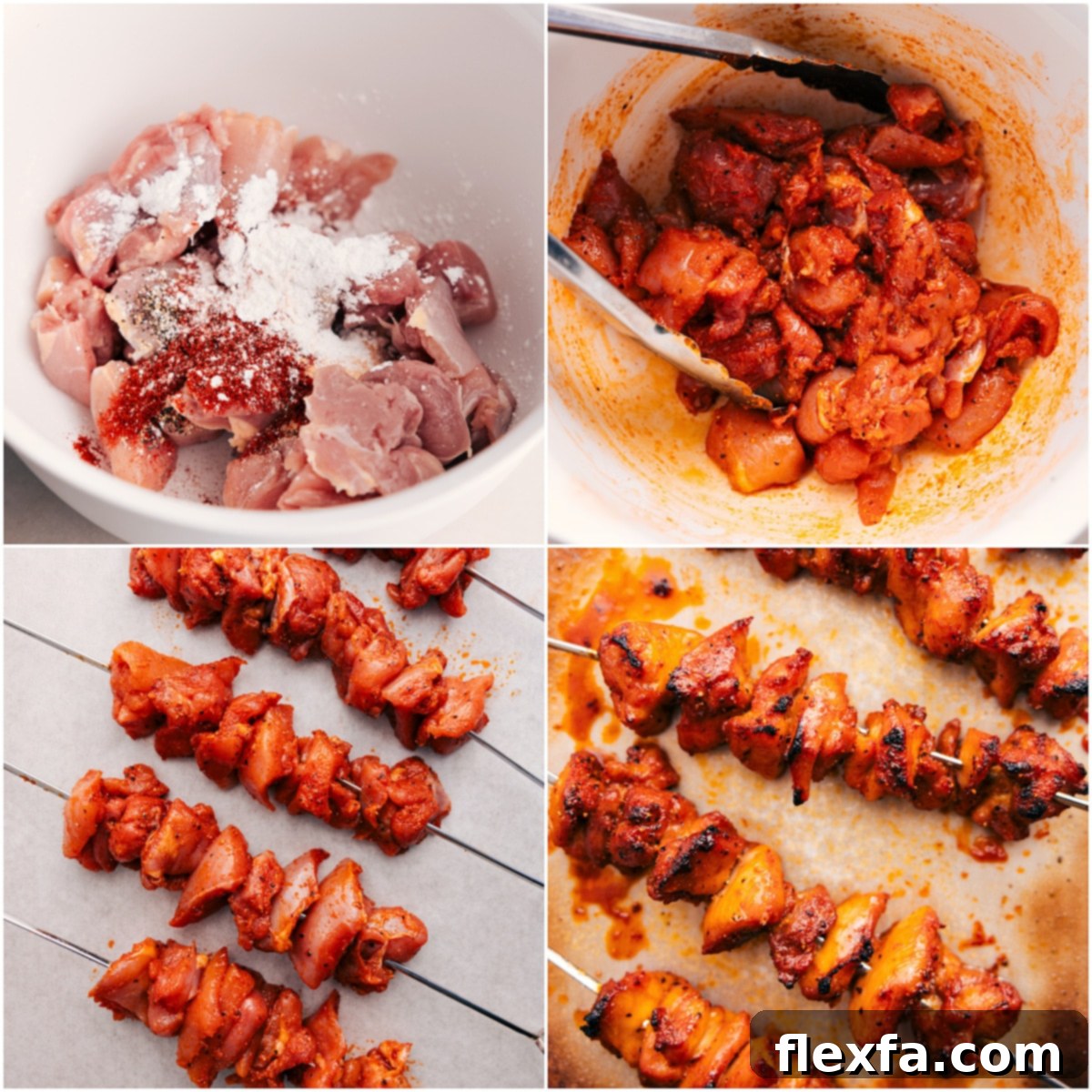 Chicken is prepped, threaded onto skewers, and cooked to perfection for these Bang Bang Chicken Skewers.