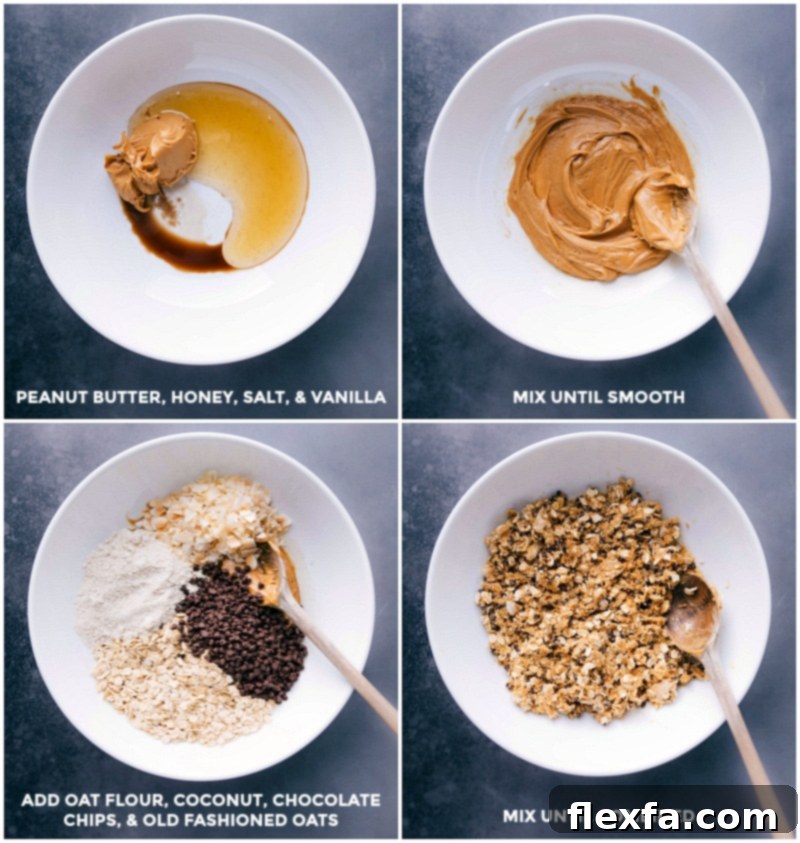 Step-by-step process of making energy bites: combining wet ingredients, adding dry ingredients, and mixing them thoroughly until a dough forms.
