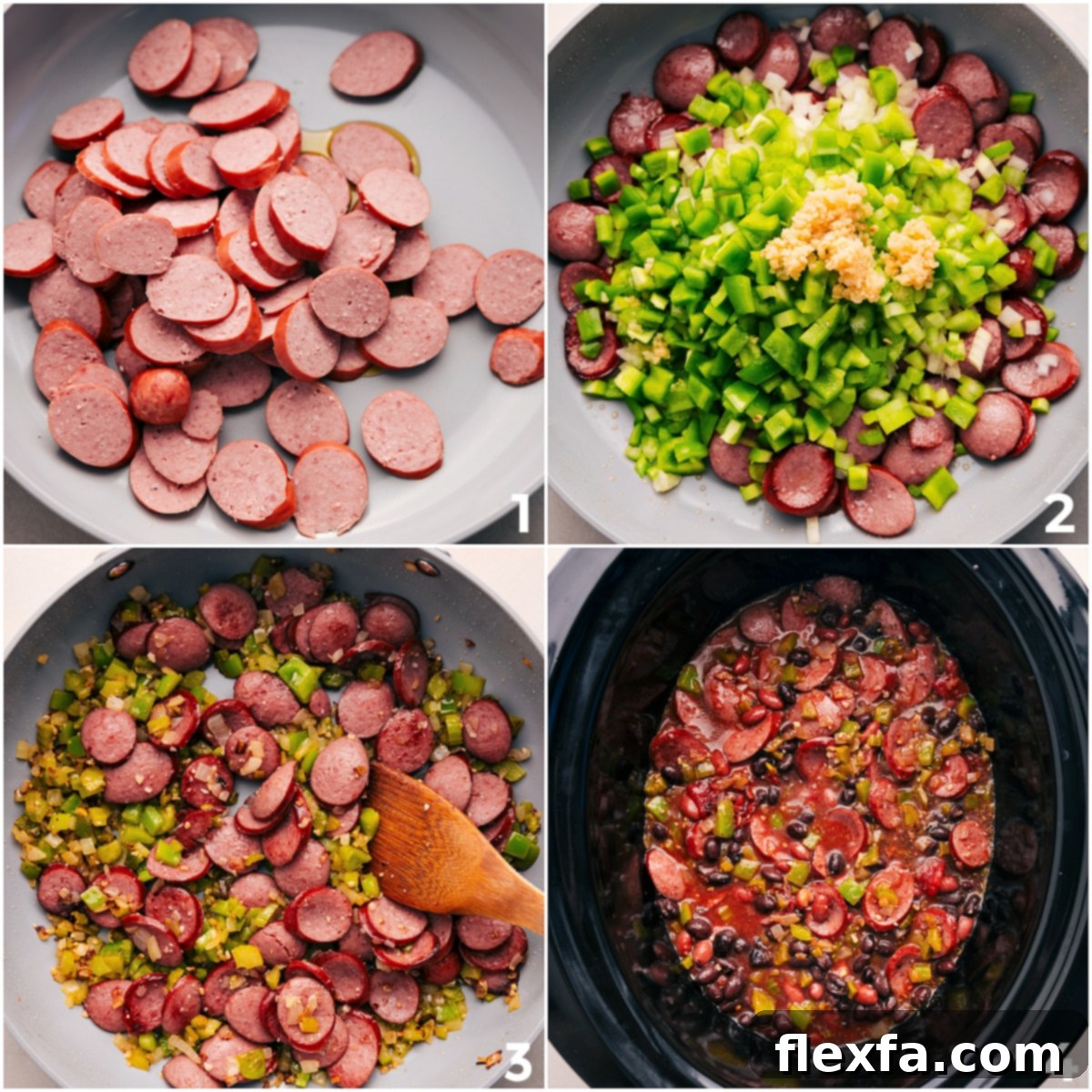 Lightly browning the smoked sausage and sautéing the diced vegetables in a skillet before combining all other ingredients in the slow cooker to make a flavorful black beans and sausage dish.
