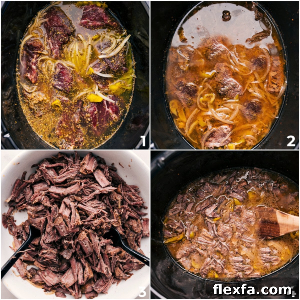 Slow Cooked Italian Beef Sandwich Perfection A slow cooker filled with beef chuck roast, pepperoncini, onions, and seasonings, ready to transform into tender Italian beef.