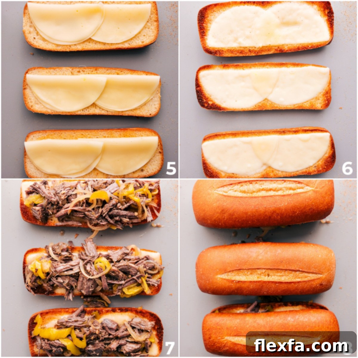 The Ultimate Italian Beef Sandwich 3 Hoagie buns toasted with melted provolone cheese, awaiting the flavorful Italian beef filling.