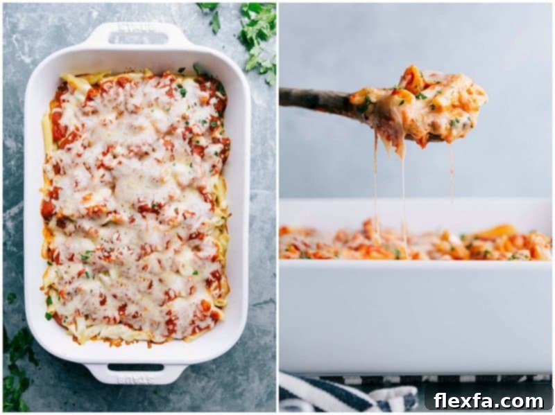 Finished casserole dish topped with melted cheese and fresh herbs, with a spoonful being taken out to showcase its delicious texture and flavor.