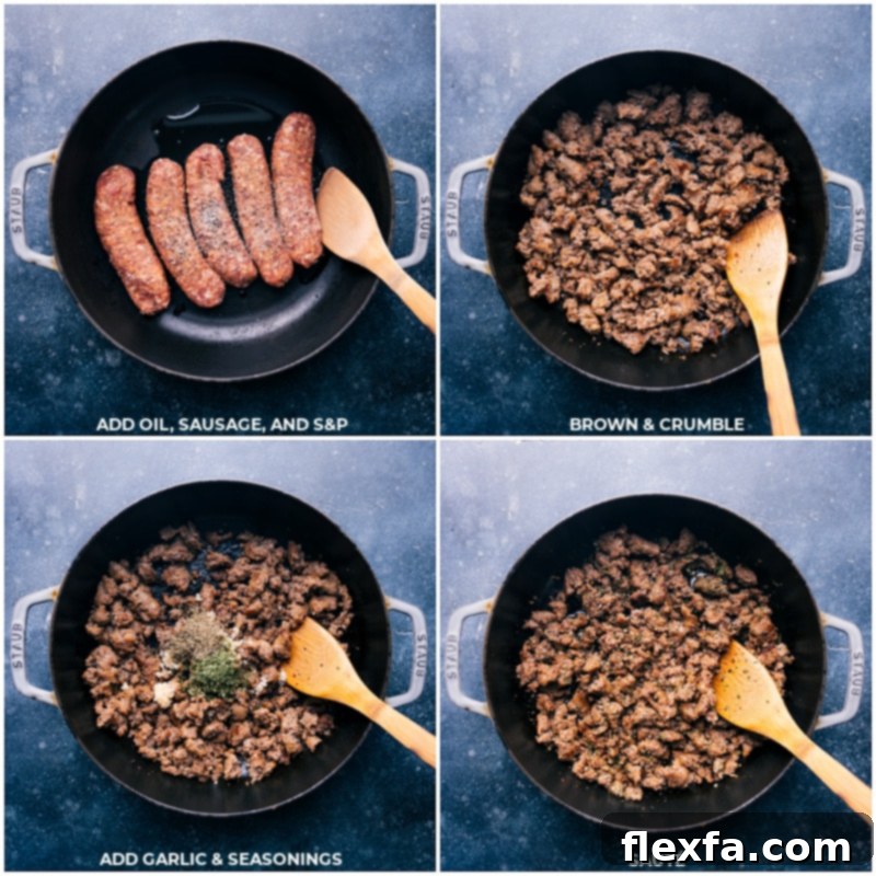 Process shots showing Italian sausage browning in a pan, followed by the addition of minced garlic, Italian seasoning, dried parsley, and red pepper flakes, creating a fragrant base for the pasta sauce.