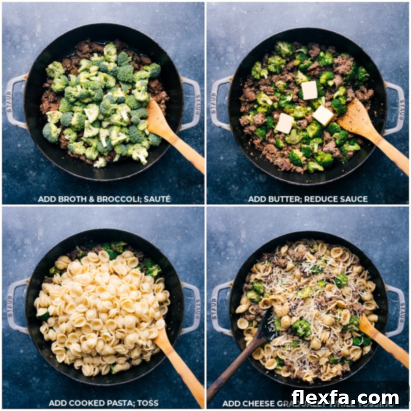 Process shots of the final stages of Orecchiette, Sausage, and Broccoli Pasta preparation, showing fresh broccoli florets, butter, cooked pasta, and grated Parmesan cheese being added and tossed in a large pot to create a cohesive, saucy dish.