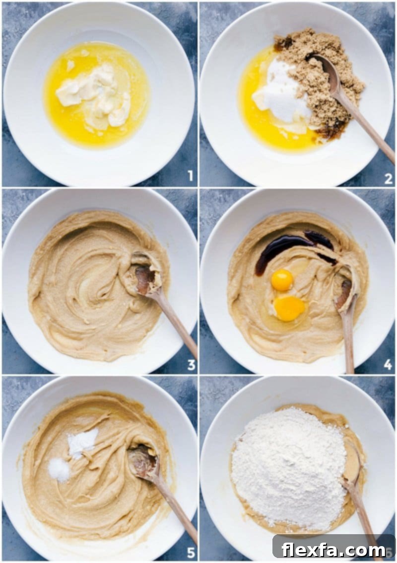 Process of measuring and mixing ingredients for Toffee Cookie dough, showing wet and dry components being combined.