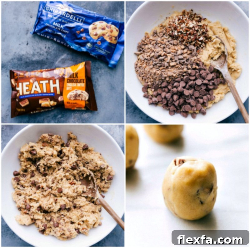 The process of incorporating chocolate chips and Heath toffee bits into the cookie dough, followed by portioning the dough onto a baking tray.