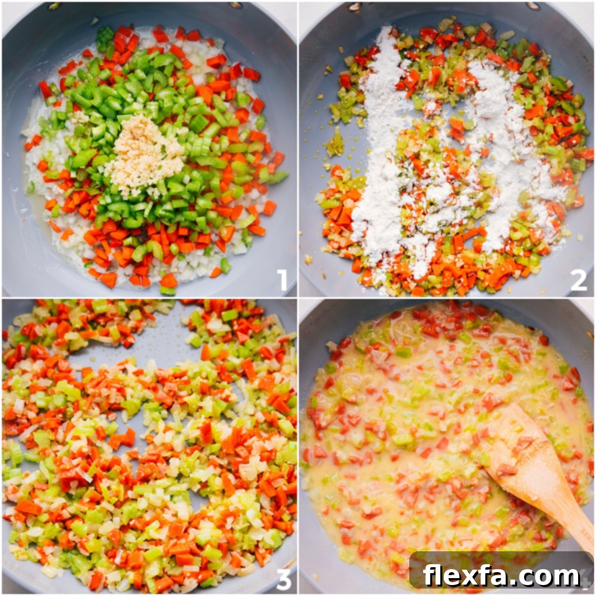 Finely diced carrots, celery, and onions sizzling in a skillet with butter, as flour is introduced to create a rich roux, the initial step in building a flavorful Crockpot Chicken Pot Pie.