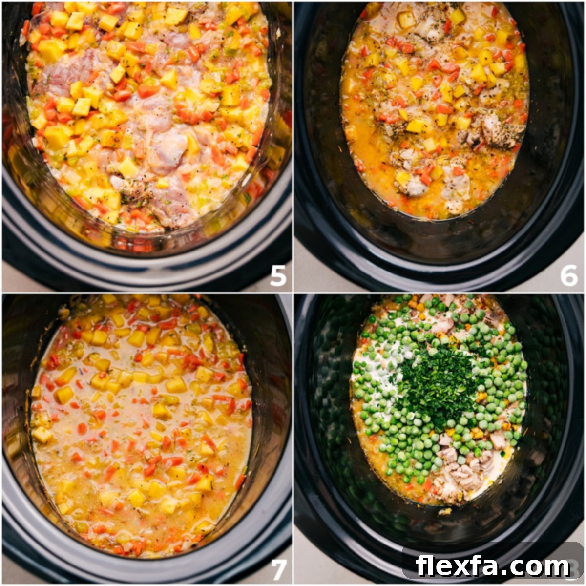 A slow cooker filled with creamy chicken pot pie ingredients—tender chicken, aromatic vegetables, and a luscious sauce—gently simmering to perfection.