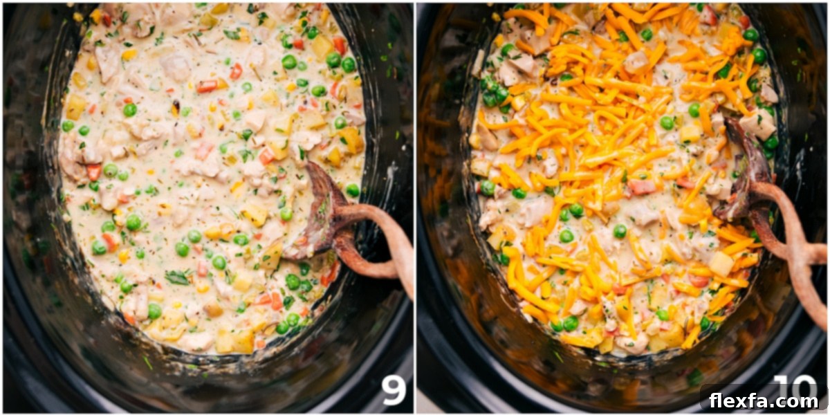 The ultimate Crockpot Chicken Pot Pie, a heartwarming dish brimming with creamy filling, topped with melted cheese, ready to bring comfort to any meal.