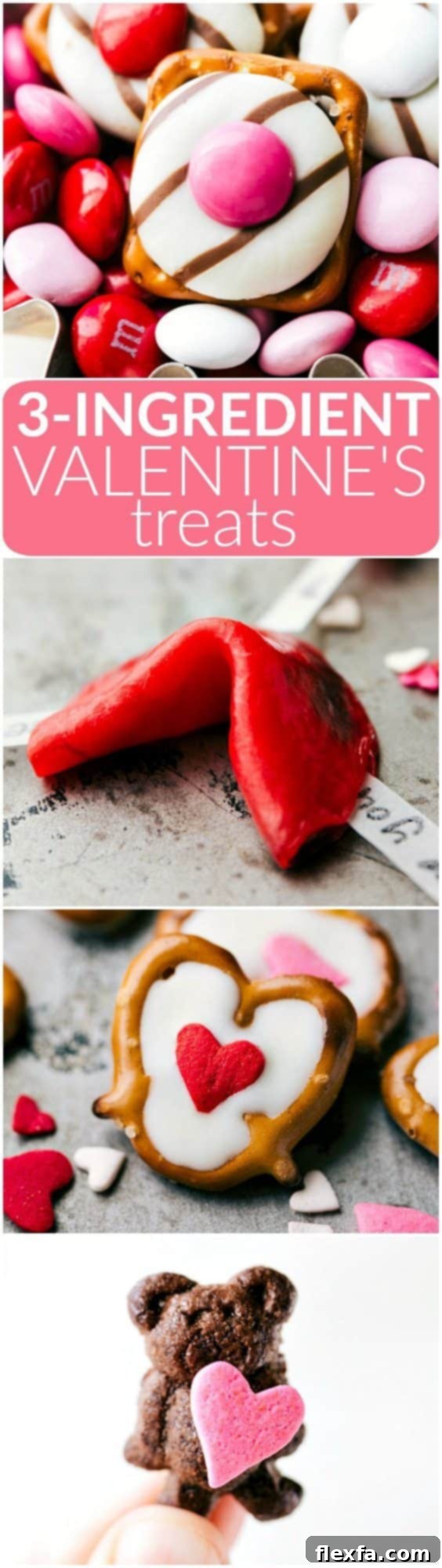 Sweet & Simple Valentine Surprises 2 4 simple to make Valentine's Day Treats: heart hugs pretzels, love fortune cookies, mini Valentine bear holding a heart, and white chocolate heart pretzels. Each recipe requires 3 ingredients or less to make! Video tutorial included! Via flexfa.com