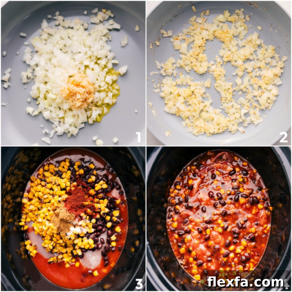 Creamy Dreamy Slow Cooker Chicken Enchiladas 3 The process of making Crockpot Chicken Enchilada Casserole: onions and garlic are sautéed, then combined with chicken, spices, sauce, beans, and corn in the slow cooker for a rich, flavorful meal.