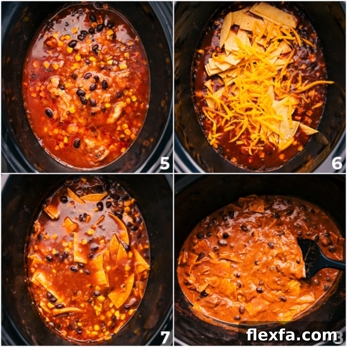 Creamy & Cheesy Crockpot Chicken Enchilada Casserole A close-up of creamy Crockpot Chicken Enchilada Casserole, with melted cheese, tortilla pieces, and sour cream stirred in after slow cooking.