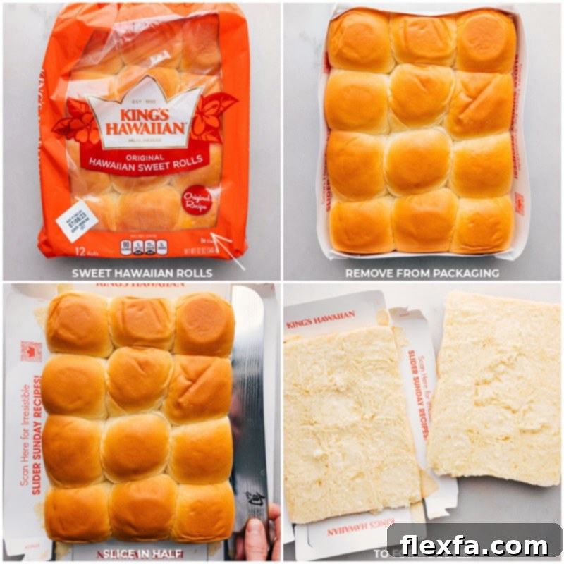 The Hawaiian rolls being sliced in half horizontally, keeping them connected in one block.