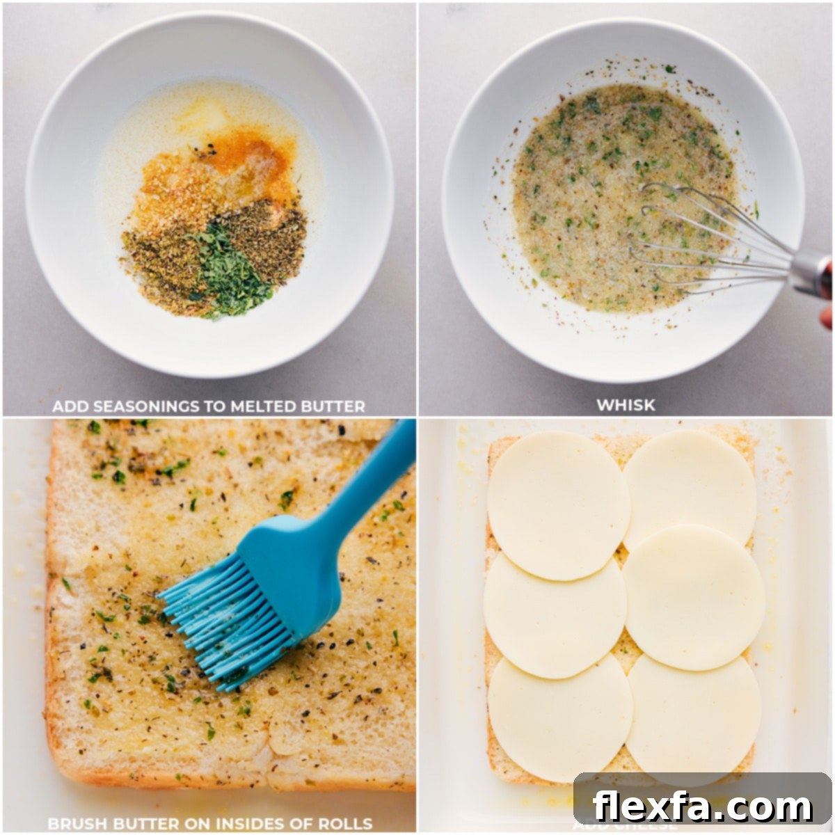 The savory butter topping being brushed over Hawaiian rolls, followed by slices of Provolone cheese being layered on top for Italian Sliders.