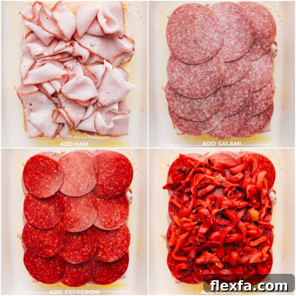 Layers of ham, salami, pepperoni, and roasted red peppers being meticulously added to the sliced Hawaiian rolls.