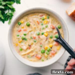 A rich bowl of Creamy Chicken Noodle Soup