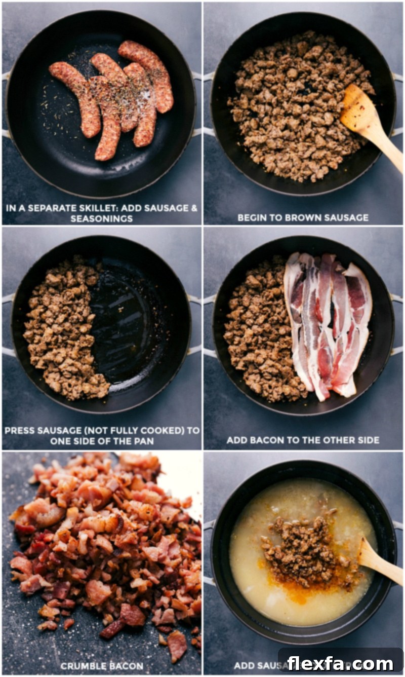 Sausage and Bacon Prep for Zuppa Toscana The cooking process for Zuppa Toscana: Italian sausage browning in a skillet, followed by crispy bacon being added, and finally both flavorful meats are combined into the main soup pot.