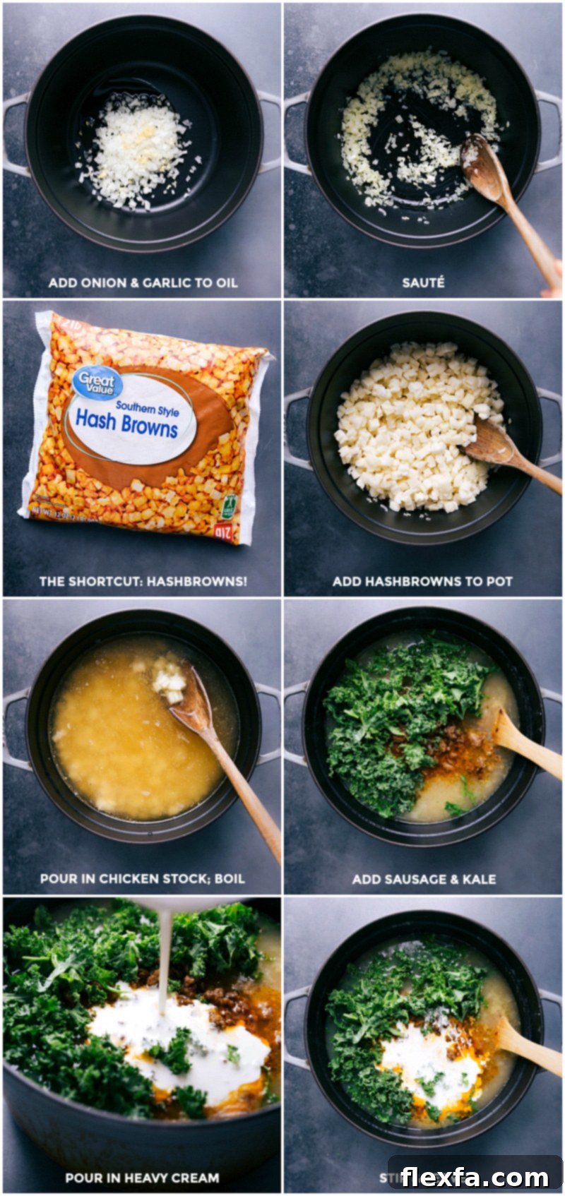 Combining Fresh Ingredients for Zuppa Toscana Soup All the delicious ingredients being carefully added into a large pot and gently mixed together to create a harmonious and flavorful Zuppa Toscana soup.