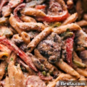 A tantalizing image of finished Cajun Sausage Pasta.