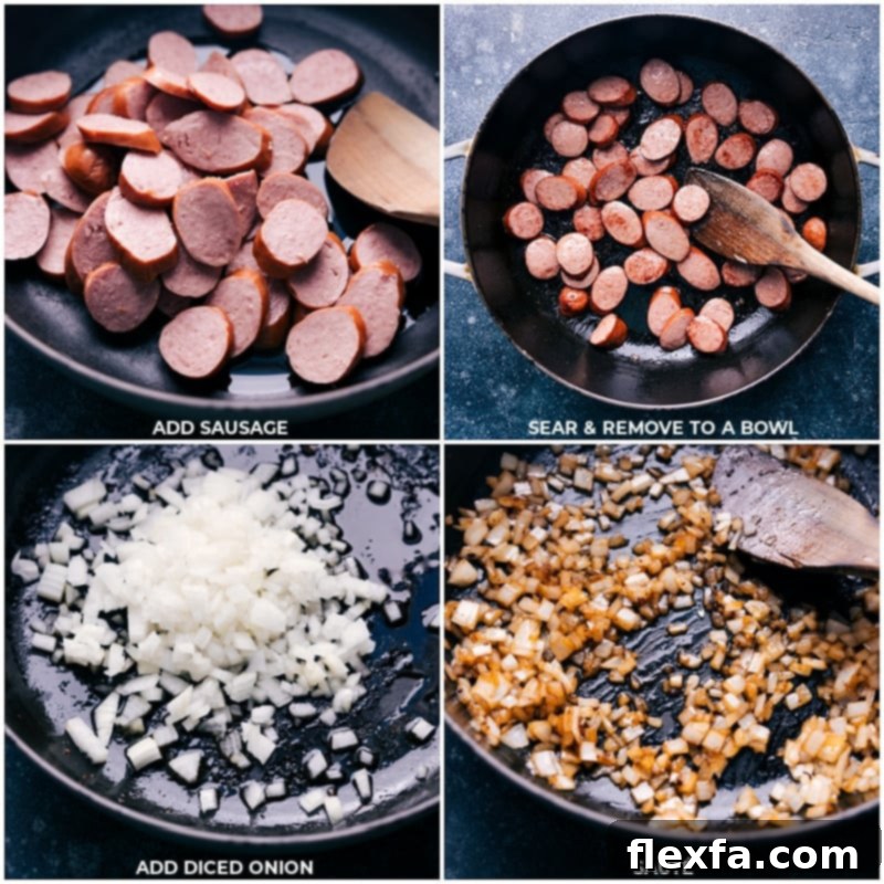 Sear the sausage and remove to bowl; sautee onion.