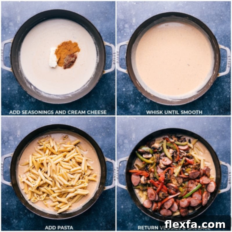 Season and add cream cheese; whisk to smooth; add pasta and return veggies and sausage to the pan.