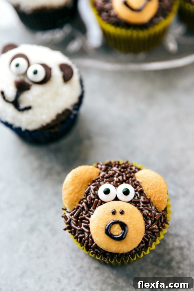 EASY JUNGLE CUPCAKES! An adorable monkey cupcake featuring a vanilla wafer face, candy eyeballs, and chocolate jimmie sprinkles, via chelseasmessyapron.com