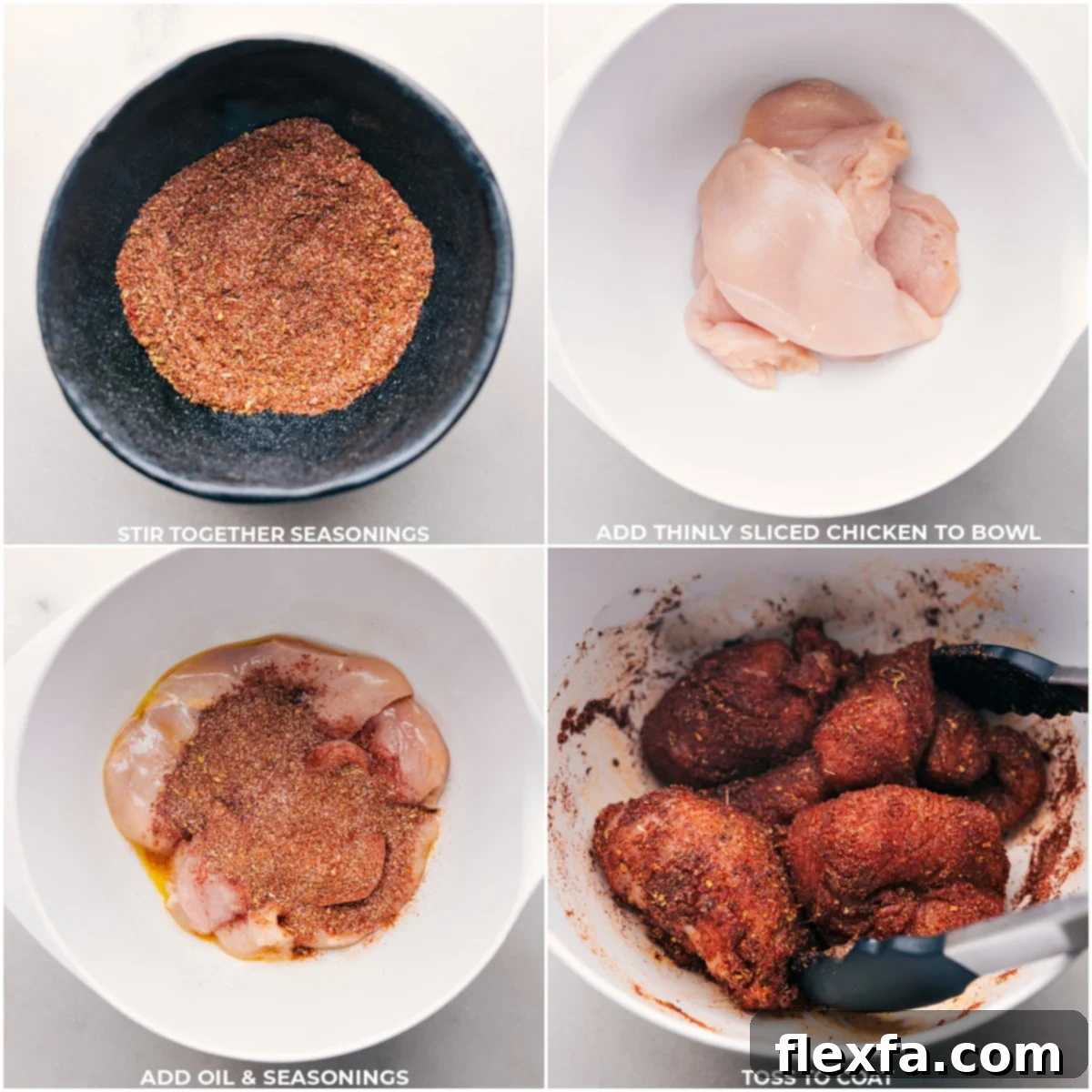 A hand mixing a blend of spices in a small bowl, with raw chicken breasts waiting to be seasoned.