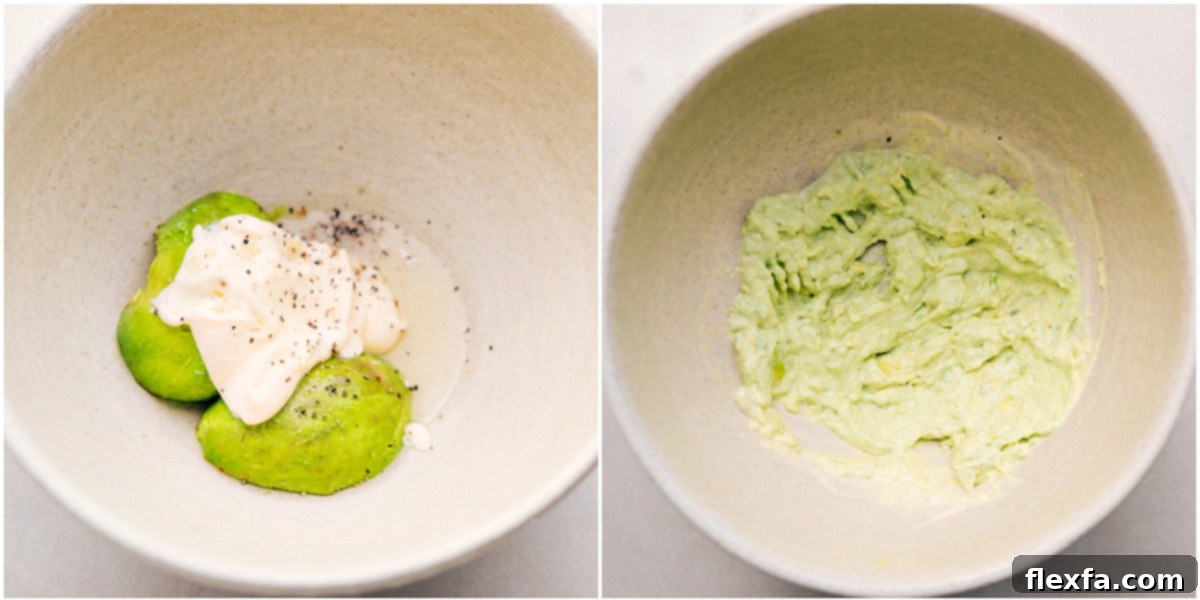 A bowl shows mashed ripe avocado with lemon juice, mayonnaise, salt, and pepper, forming the creamy base for the egg salad.