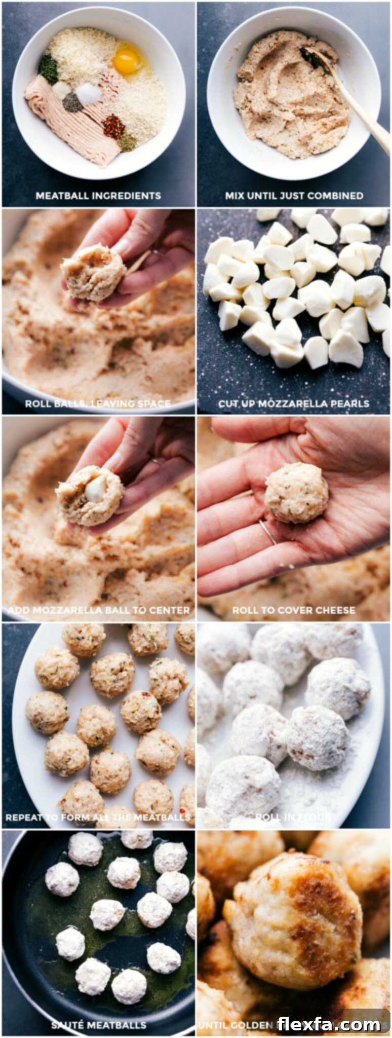 A step-by-step visual guide to preparing Chicken Parmesan Meatballs, showing ingredients combined, mozzarella pearls being stuffed into meat, meatballs being formed, dredged in flour, and finally sautéed to a golden brown perfection in a skillet.