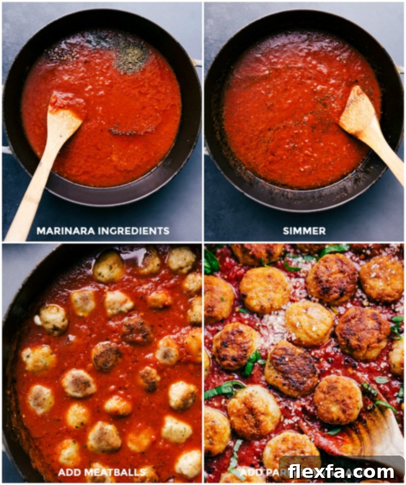 Hearty Chicken Parmesan Meatballs simmering in a rich, vibrant homemade marinara sauce in an oven-safe skillet, promising a delicious and comforting meal.