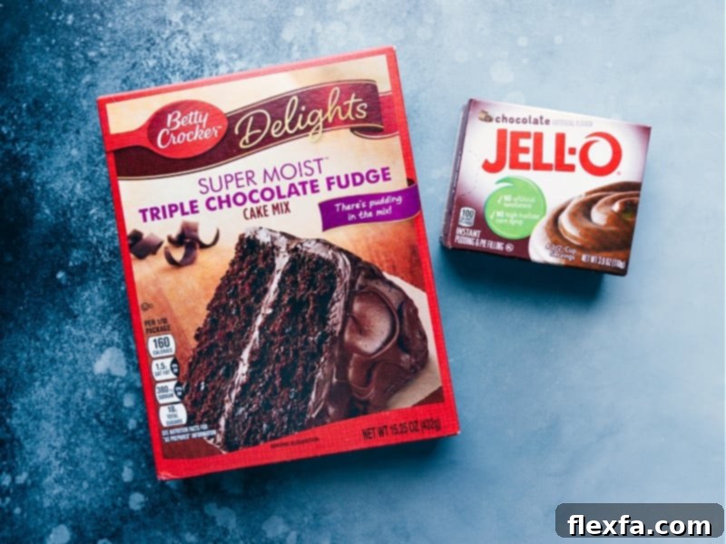 Betty Crocker Super Moist Triple Chocolate Fudge Cake Mix and instant chocolate pudding mix, key ingredients for these enhanced cupcakes.