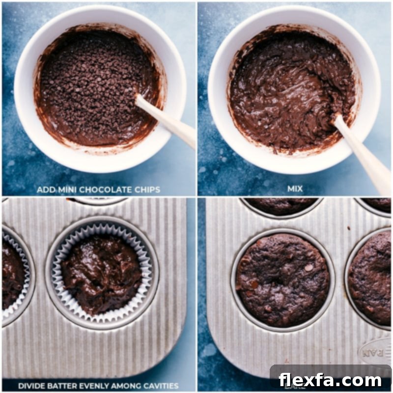 Cupcake batter being mixed with chocolate chips, then scooped into a prepared muffin pan, and finally, freshly baked cupcakes cooling.