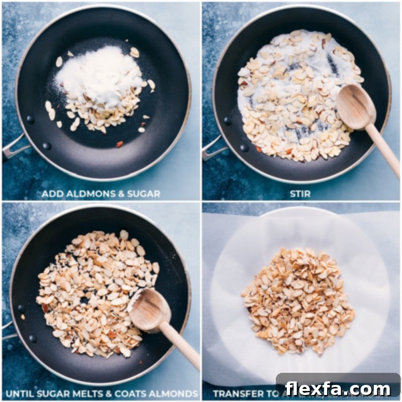 Process shots showing how to make candied almonds in a skillet.