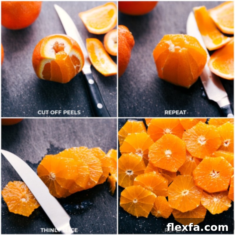 Process shots demonstrating how to supreme oranges for a refined citrus presentation.