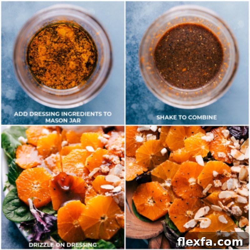 Process shots showing ingredients for the tangy citrus-balsamic dressing for Beet Salad.