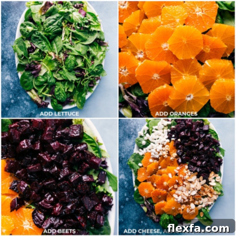 Process shots showing ingredients being added to assemble the Beet Salad.