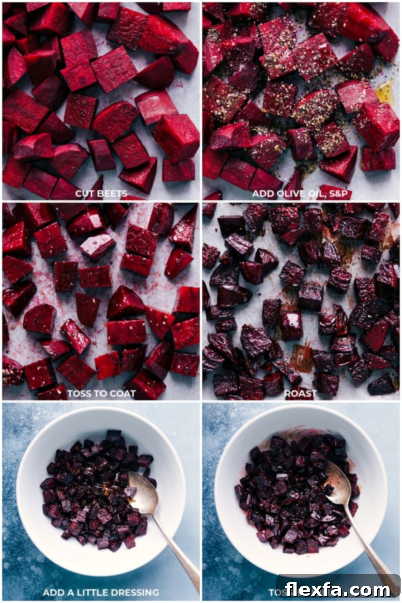 Process shots illustrating the steps for perfectly roasting beets.