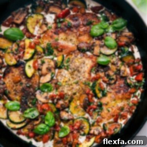 Finished plate of Creamy Chicken with Vegetables, garnished with fresh basil.