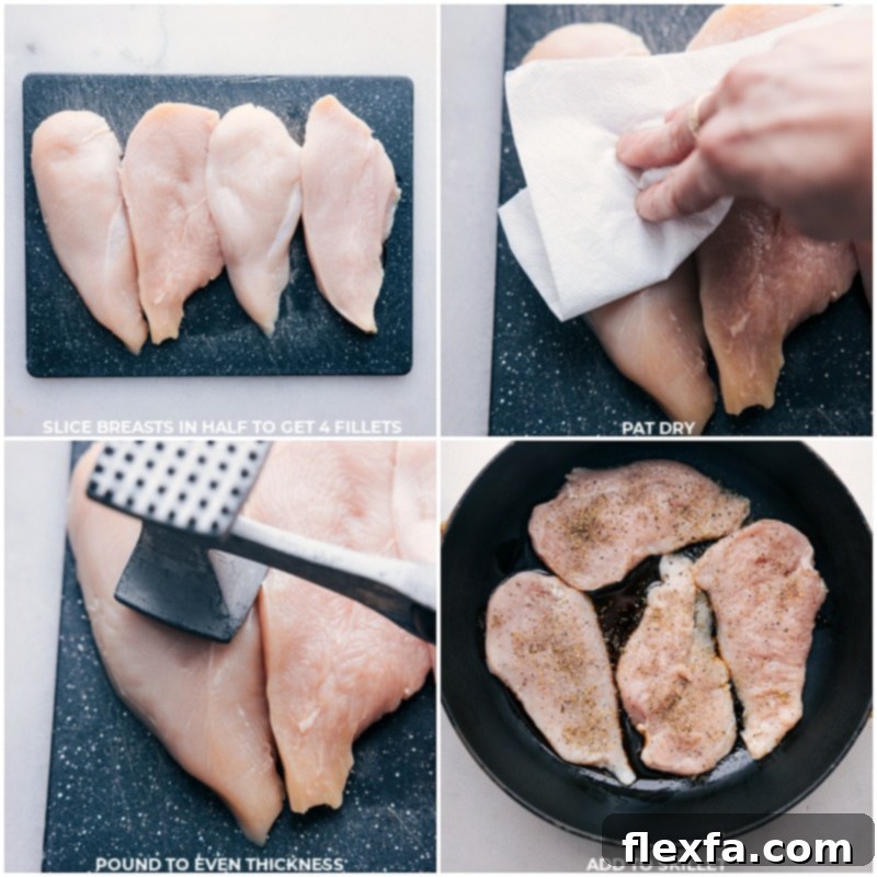 Preparing the chicken for our creamy chicken and vegetables recipe. Step-by-step images showing chicken breasts being prepped, seasoned, and added to a hot skillet.