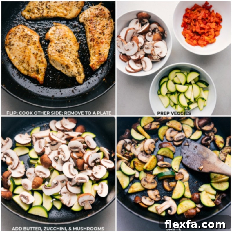 Cooking chicken and sautéing vegetables for creamy chicken with vegetables. Process images showing chicken cooking in a skillet, followed by the addition of zucchini and mushrooms.