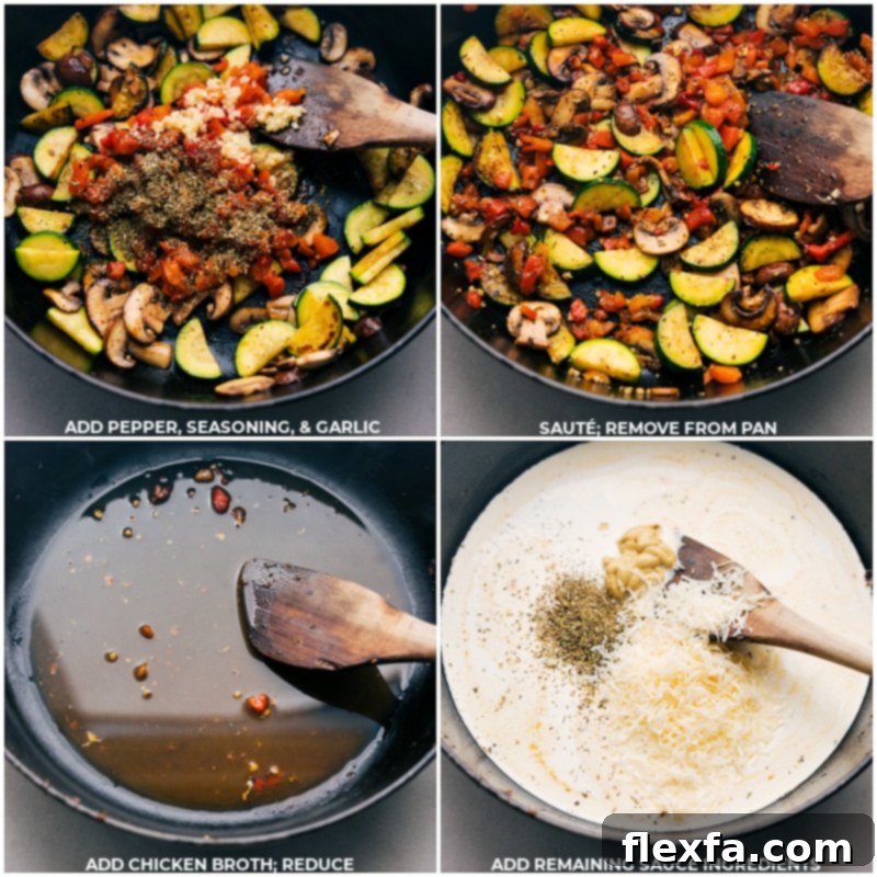 Crafting the quick Parmesan cream sauce in the skillet. Skillet with sautéed vegetables removed, showing the process of building the creamy Parmesan sauce.