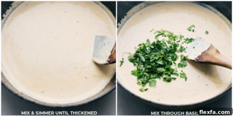 Finishing touches: thickening the creamy sauce and adding fresh basil. The creamy sauce thickening in the skillet, with fresh basil being stirred in, ready to be served.