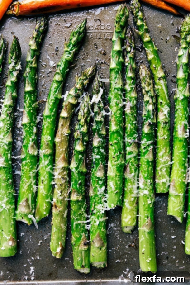 Roasted asparagus for a quick and easy sheet pan Easter dinner. Close-up image of perfectly roasted asparagus, a key component of this easy Easter dinner.