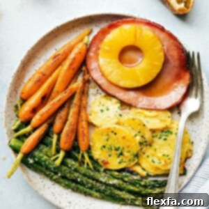 A delicious and complete One-Hour Easter Dinner spread on a white table.