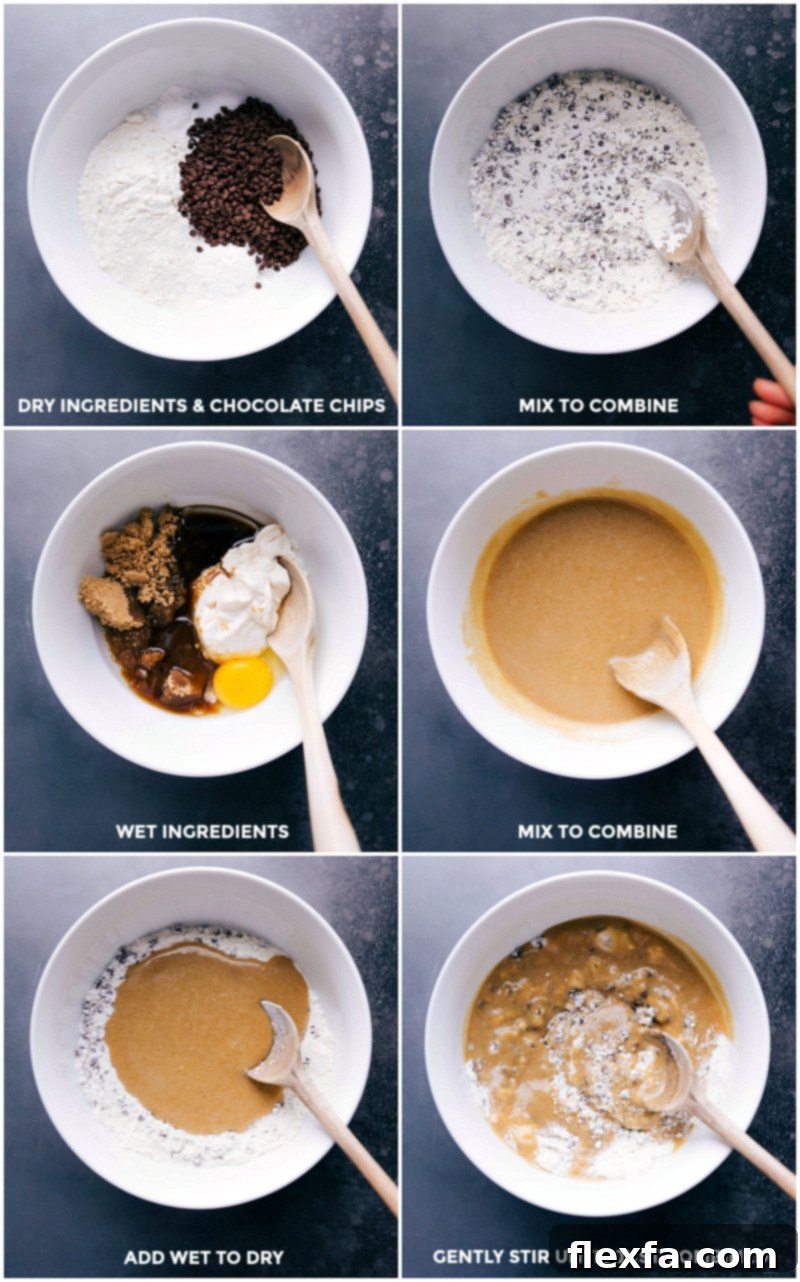 Step-by-step process of mixing dry ingredients, wet ingredients, and then combining them for muffin batter.