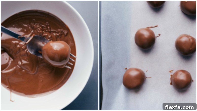 Dipping and Setting Fudgy No-Bake Brownie Bites for a Perfect Finish Chocolate-dipped No-Bake Brownie Bites being carefully placed on a parchment-lined tray to set and cool.