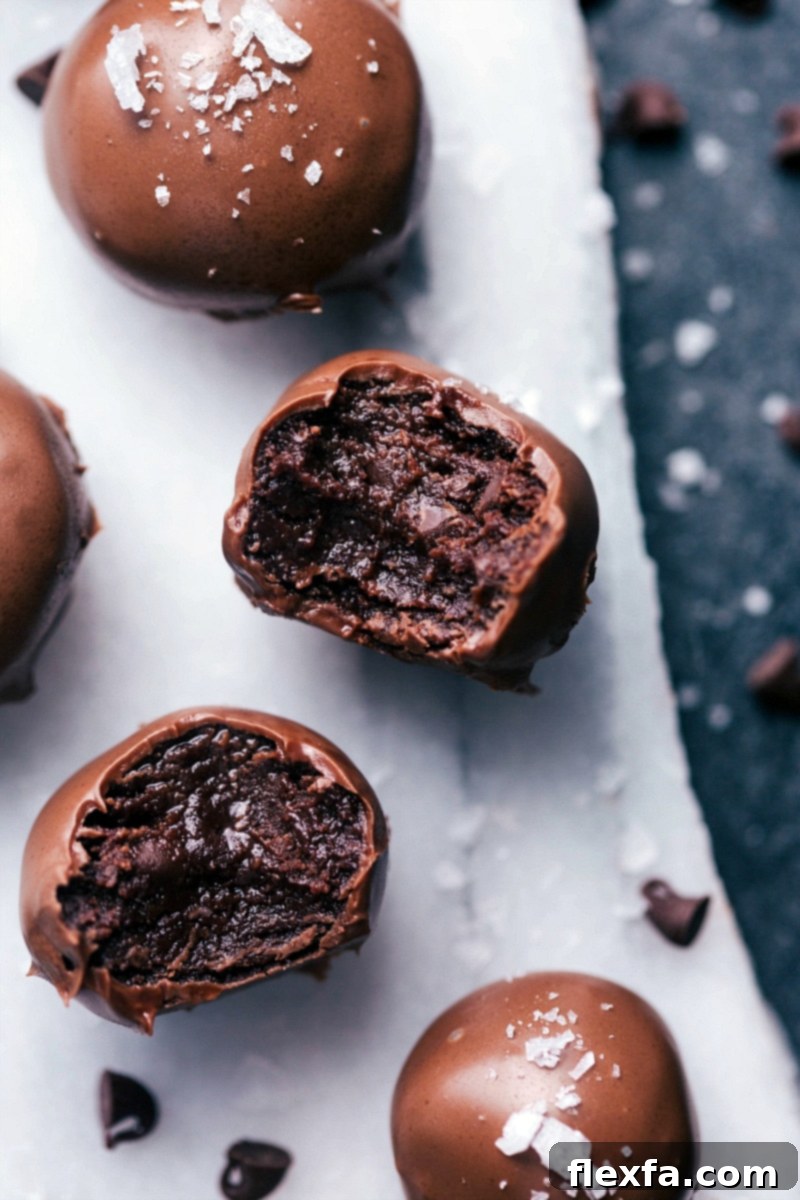Perfectly Coated No-Bake Brownie Bites with Sea Salt for a Sweet and Salty Treat Close-up of three perfectly coated No-Bake Brownie Bites with a sprinkle of sea salt, ready to enjoy.