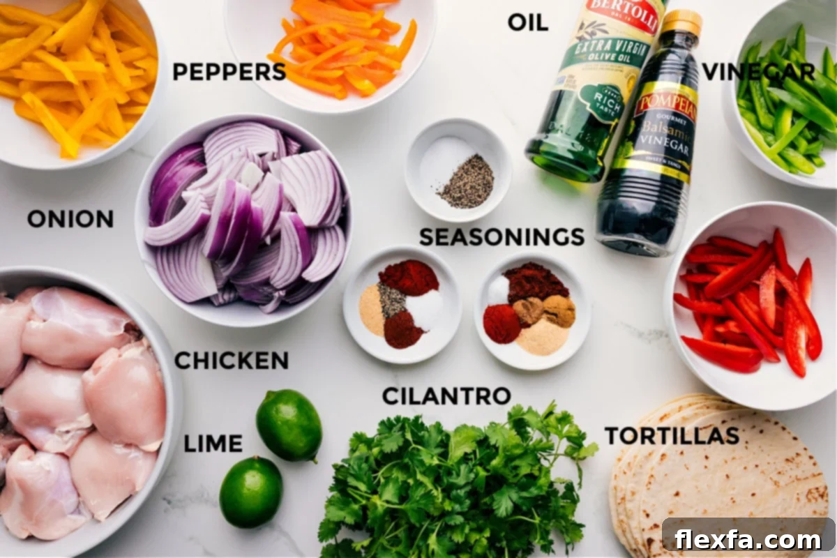 Ingredients In Sheet Pan Chicken Fajitas All the vibrant ingredients for Sheet Pan Chicken Fajitas prepped for easy assembly, including colorful bell peppers, red onions, a blend of aromatic seasonings, rich balsamic vinegar, olive oil, and soft tortillas.